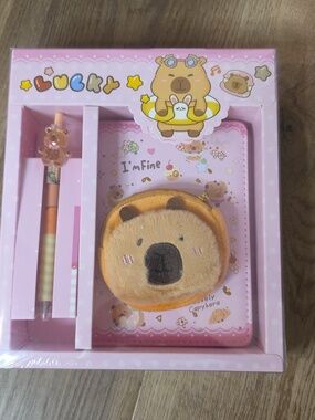 Cute Bear Plush Coin Pouch and Pen Set -Brown